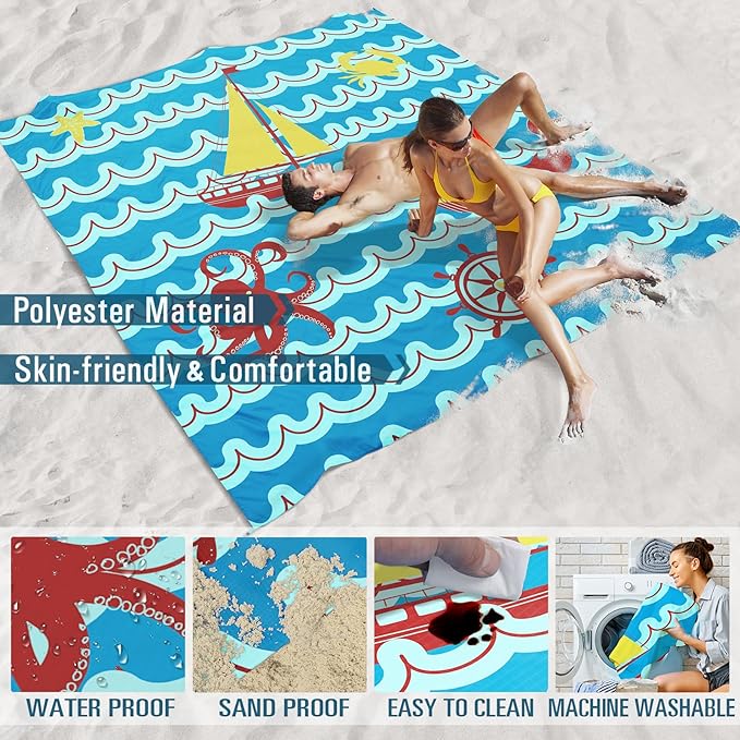 Beach Blanket Sandproof Waterproof 78''×81''1-5Adults Oversized,Compact Lightweight Durable Beach Mat for Travel Camping Hiking Picnic Blanket