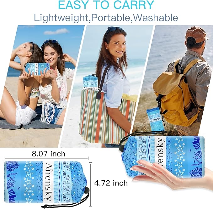 Airensky Beach Blanket, Sandproof Beach Mat 79" X 82" for 4-7 Adults, Large Waterproof Beach Blanket Quick Drying Lightweight Beach Blanket with 4 Stakes for Travel Camping Hiking(Blue Sea World)