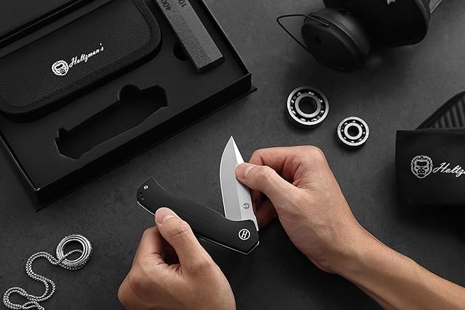Holtzman's Gorilla Survival Folding Knife D2 Steel Blade G10 Handle Pocket Knife EDC Giftset for Men and Women (half stonewashed half silver blade + black handle)