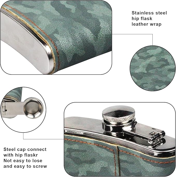 Hip Flask Gift Set, Hip Flasks for Liquor for Men with camouflage Leather Cover, 8 Oz Hip Flask, 18/8 Stainless Steel Hip Flasks, Flasks for Liquor for Men Gift Box