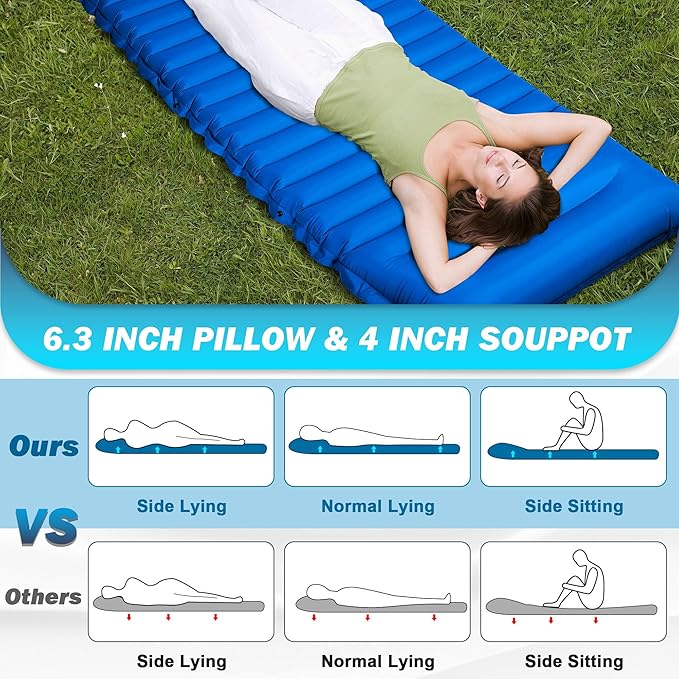 OUTSKIRT 4" Thickness Sleeping Pad with Built-in Foot Pump, Lightweight & Ultra-Comfort Camping Pads - Perfect for Camping, Hiking, Backpacking & Outdoor Adventures, Blue