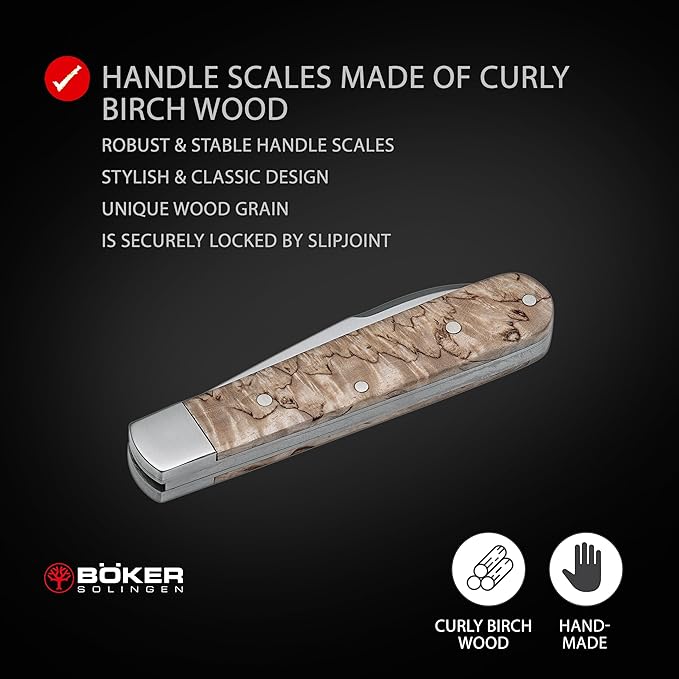 BÖKER Barlow Traditional Folding Pocket Knife, Curly Birch Wood Handle, N690 Blade, Handmade in Solingen Germany