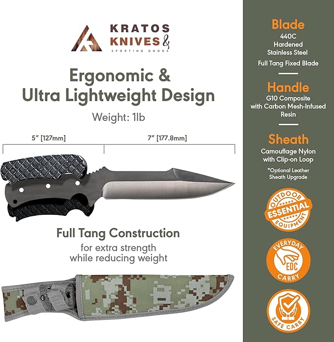 Full Tang Bushcraft Knife, 12" Full Tang Fixed Blade Knife, 440C Stainless Steel Camping Knife with Sheath, Full Tang Survival Knife By Kratos - ZF3
