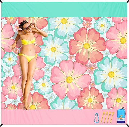 BYDOLL Beach Blanket Sandproof Waterproof Flower 78''×81''1-4 Adults Compact Lightweight Oversized Beach Blanket Large Picnic Mat Beach Blanket for Travel Camping Hiking Picnic