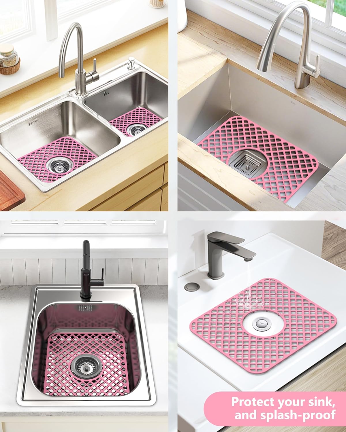 2 Pack Silicone Sink Protector for Kitchen Sink, Lozenge Pattern 13 x 11 inches Sink Grid Mat Silicone Protectors, Center Drain, Pink