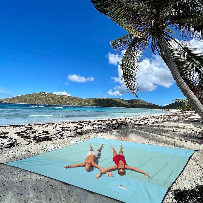 Beach Blanket Sandproof, Extra Large Beach Mat, Sand Free Mat Quick Drying, Lightweight, Soft & Durable Mat for Beach, Yard (Sky Blue & Mint Green, 10 x 10 FT (1～9 Person))