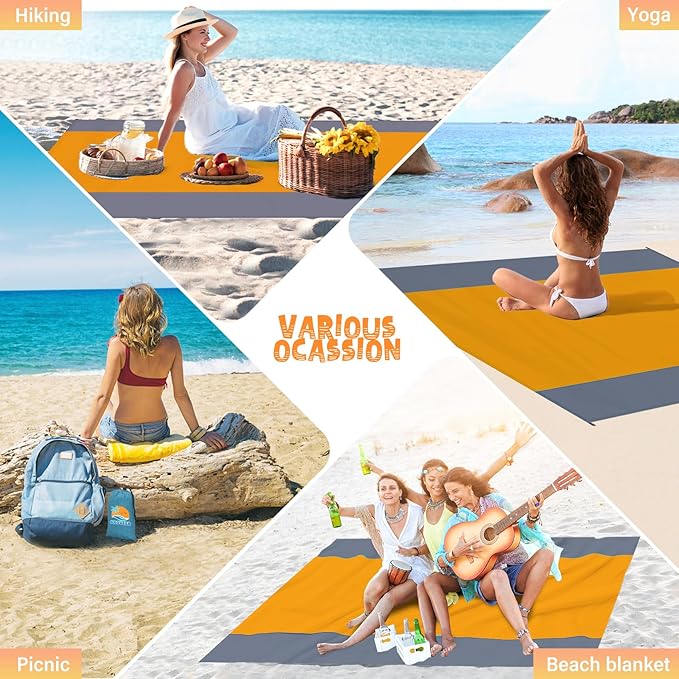 Beach Blanket Waterproof Sandproof 1-7 Adult Oversized 78 '' × 81 '' Lightweight Durable Compact Sand Free Beach Mat for Travel Camping Hiking Picnic Blanket