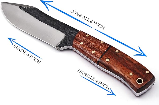 High Carbon Steel Knife, Full Tang Bushcraft Knife - Hunting Knife, Survival Knife, Fixed Blade Knife & Camping Knife with Rose Wood Handle & Leather Knife Sheath