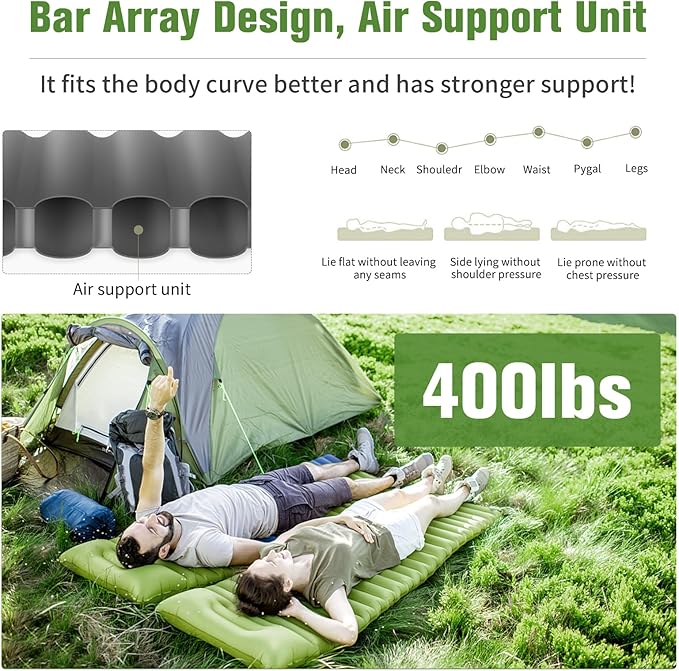 Sleeping Pad for Camping 4in Thick, Camping Air Mattress Pad Built-in Pump, Ultralight Camping Sleeping Pad Mat with Pillow, Inflatable Sleeping Pad Backpacking, Holds 440lbs, 40D+60D Nylon
