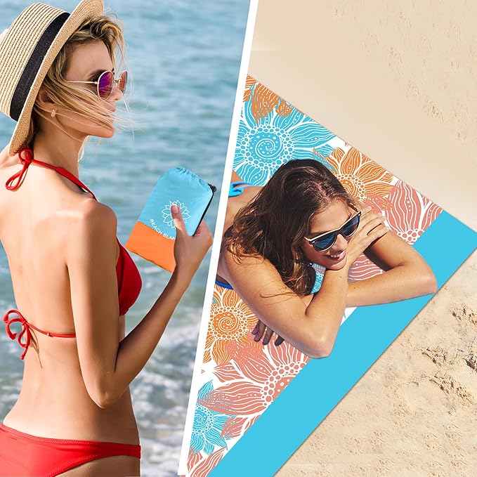 Beach Blanket Sandproof Extra Large Beach Mat Adults Waterproof Quick Drying Sand Free Mat Made by Premium Polyester with 4 Stakes & 4 Corner Pockets for Outdoor Travel Camping Hiking