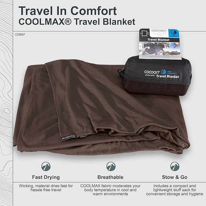 COCOON - Coolmax Travel Blanket | Compact Throw Blanket for Camping and Hiking | Fits in Backpack | Attaches to Luggage | Travel Essential | Fast Drying (Regular 70" x 55")