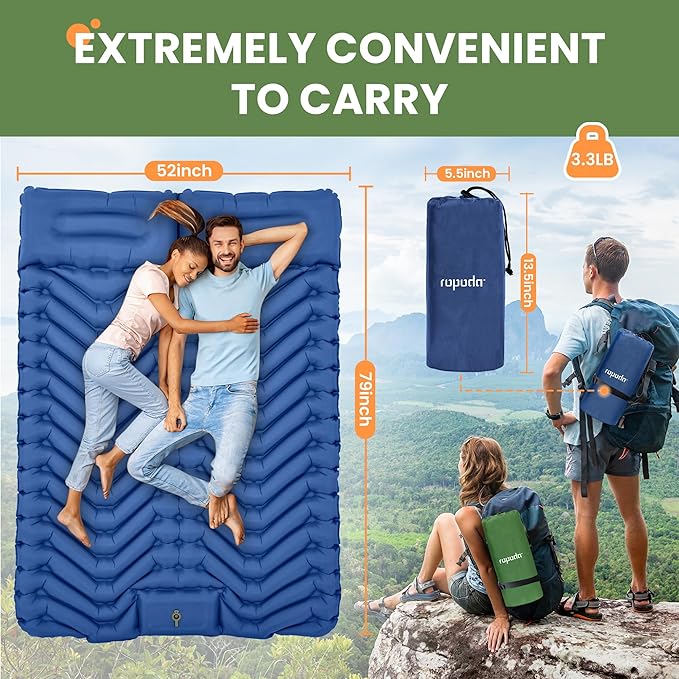 ropoda Extra Thickness 3.9'' Inflatable Sleeping Pad for 2 Person with Pillow, Built-in Foot Pump, 79''*52'' Sleeping Mat with Carry Bag, Ultralight & Compact Camping Mattress for Hiking, Camping