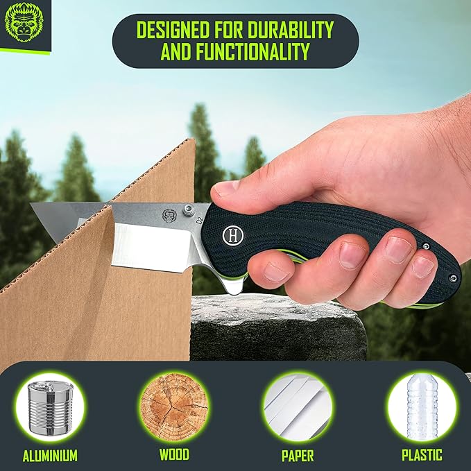 Holtzman's Gorilla Survival Folding Knife D2 Steel Blade G10 Handle Pocket Knife EDC Giftset for Men and Women (half stonewashed half silver blade + black/green liner)