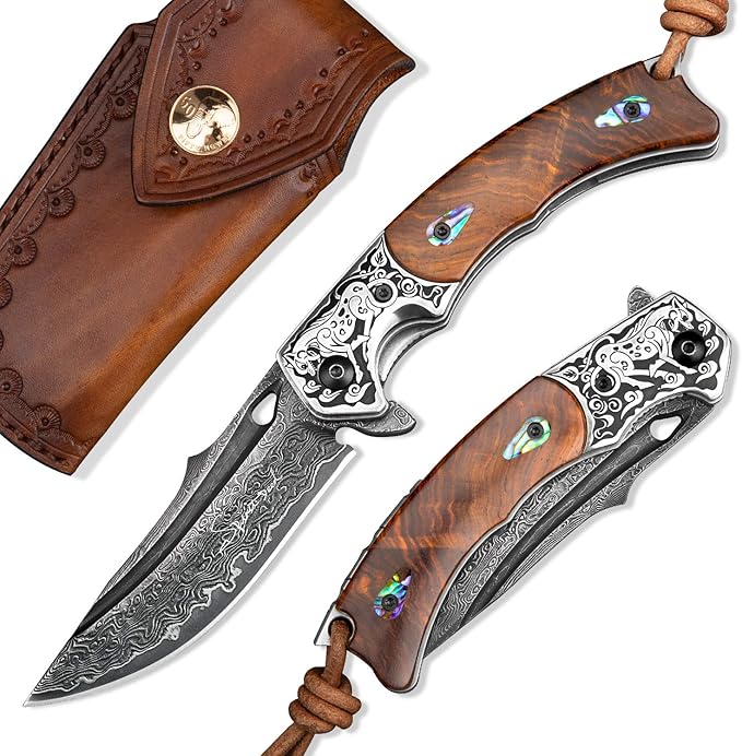 Handmade Japanese VG10 Damascus Steel Folding Knife,Rosewood Liner Lock Handle, Leather Sheath,EDC Pocket Knives for Men Outdoors Camping Fishing