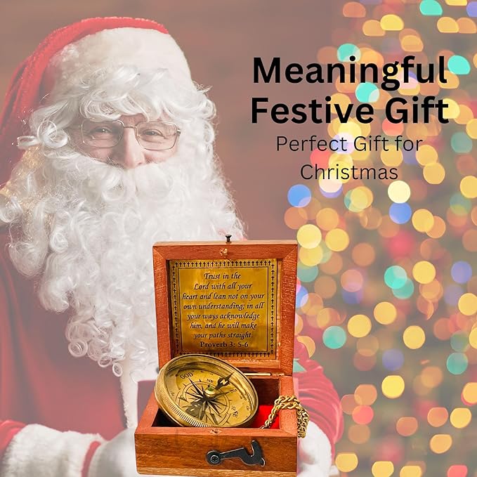 Trust in The Lord - Proverbs 3: 5-6 Engraved Compass, Wood Box Greeting, Inspirational Gift Men, Christian Boys Baptism Gifts, Graduation Day