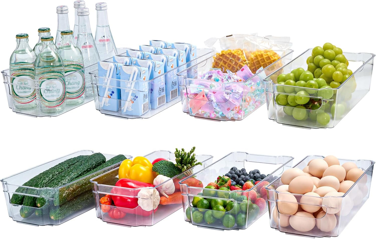JollyPack 8 Pack Clear Plastic Storage Bins, Refrigerator Organizers and Storage with Handles for Fridge, Pantry, Kitchen, Bathroom, Office, and Cabinet Organization