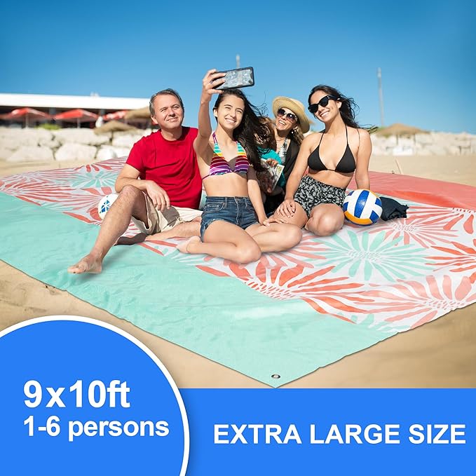 Mooreeke Beach Blanket Extra Large Oversized 9 x 10 ft, Colorful Flowers Sandproof Waterproof Quick Drying Lightweight Compact Outdoor Blanket Beach Mat for Family Travel Camping Picnic, 1-8 Adults