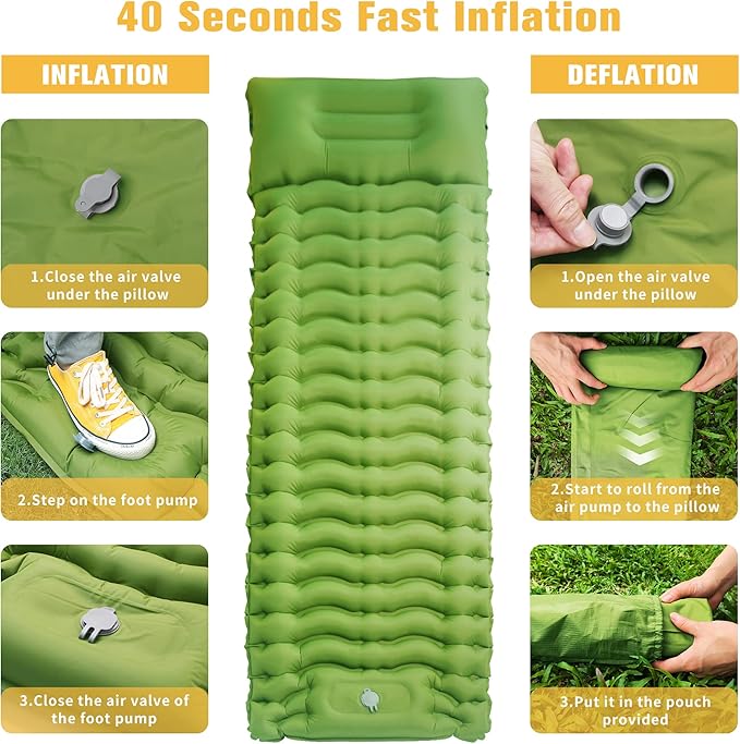 STURME Sleeping Pad for Camping, 3.9 Inch Thickness Self-inflating Camping Mattress with Foot Pump, Compact Air Mattress Ultralight Sleeping Mat with Pillow for Backpacking, Hiking, Outdoor -ArmyGreen