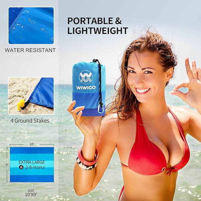 Beach Blanket Sandproof Extra Large Beach Mat Adults Waterproof Quick Drying Sand Free Mat Made by Premium Polyester with 4 Stakes & 4 Corner Pockets for Outdoor Travel Camping Hiking