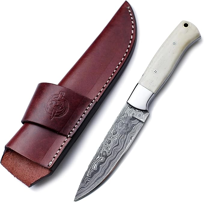 Handmade Damascus Steel Fixed Blade Knife Bowie for EDC,Hunting,Survival,Camping,Bushcraft,and Fishing with Drop Point Full Tang Bone Handel with Cowhide-Leather Sheath-WKD-789