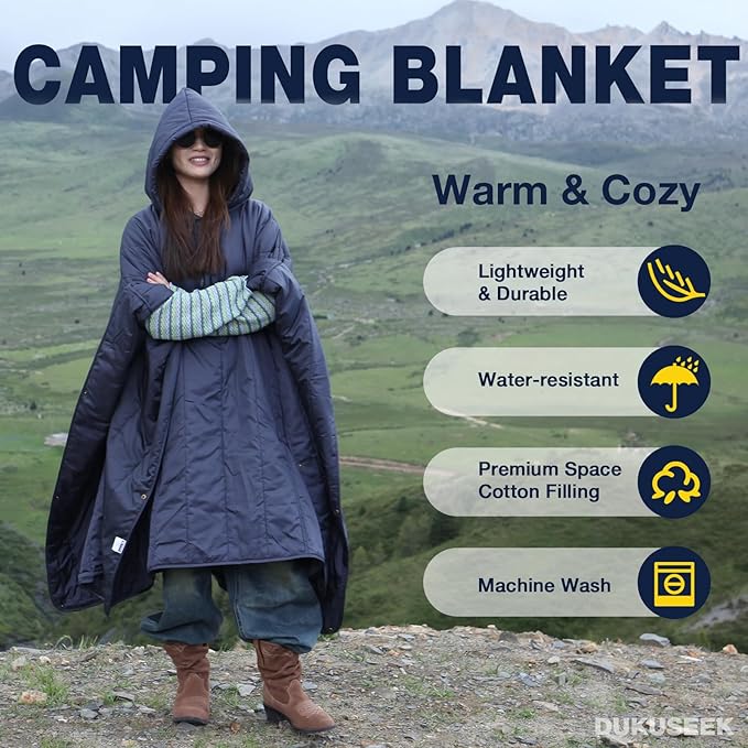 DUKUSEEK Outdoor Wearable Camping Blanket with Hood, Large Packable Backpacking Hooded Stadium Blankets, Lightweight Warm Quilt for Picnic, Hiking, Football, 79"x59"