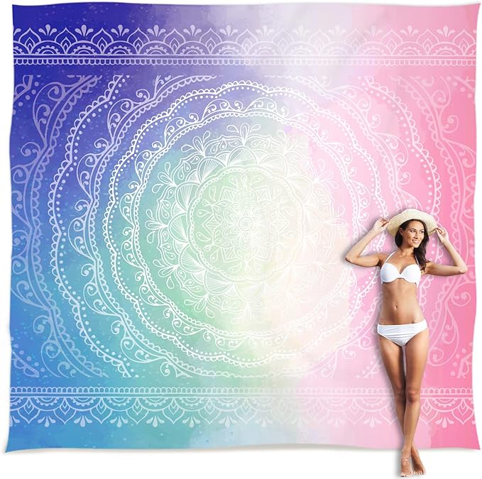 Sunlit 10'x9' Extra Large Boho Sand Proof Beach Blanket, Sand Proof Mat with Corner Pockets and Mesh Bag for Beach Party, Travel, Camping and Outdoor Music Festival, Blue and Pink Circle Mandala