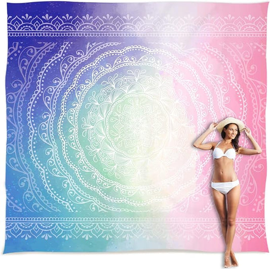 Sunlit 10'x9' Extra Large Boho Sand Proof Beach Blanket, Sand Proof Mat with Corner Pockets and Mesh Bag for Beach Party, Travel, Camping and Outdoor Music Festival, Blue and Pink Circle Mandala