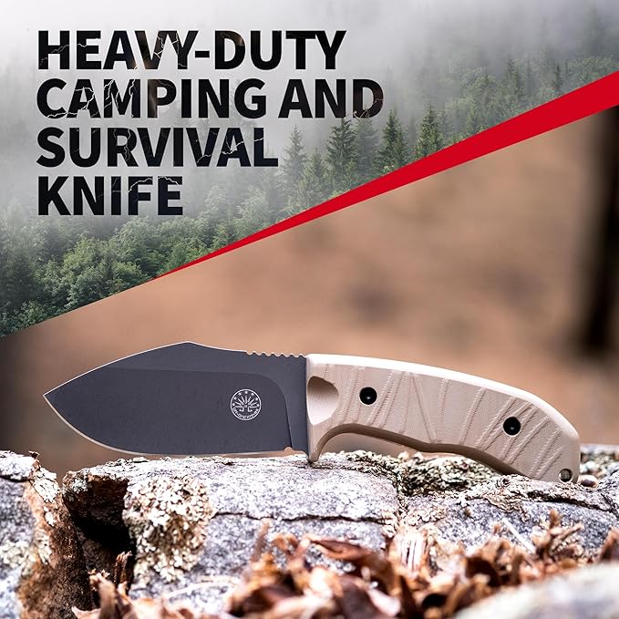 Off-Grid Knives - Alpha-Dog Coyote, Heavy Duty Fixed Blade Knife, 5mm Thick CRYO D2 Blade Steel, Full Tang, G10 Scales & XL Handle (Coyote)