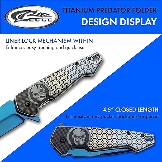 SZCO Supplies 7.75” Blue Titanium Finished Predator EDC Folding Knife With Pocket Clip