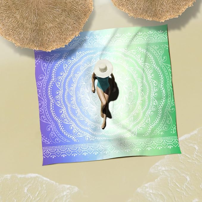 Sunlit 10'x9' Extra Large Boho Sand Proof Beach Blanket, Sand Proof Mat with Corner Pockets and Mesh Bag for Beach Party, Travel, Camping and Outdoor Music Festival, Blue Violet Sea Green Mandala