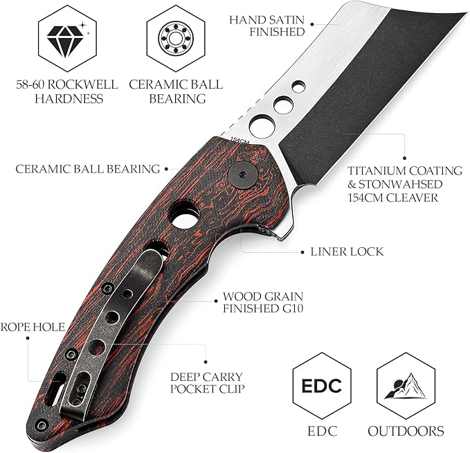 Folding EDC Knife for Men with Clip,Pocket Folded Knives for Outdoor Camping Hiking,3.7" PVD Coating Stonewash &Handle Satin 154CM Flipper Blade,Mensae-03RB