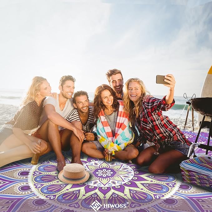 Beach Blanket Waterproof Sandproof Oversized 95”x 80”,Sand Free Beach Mat with Corner Pockets,Portable Mesh Bag for Beach Festival,Picnic,Travel and Outdoor Camping (Purple)