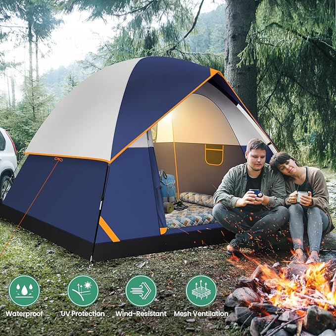 COBIZI 4 Person Camping Tent, Easy Setup Outdoor Tent with Rainfly for Camping & Hiking (Navy Blue)