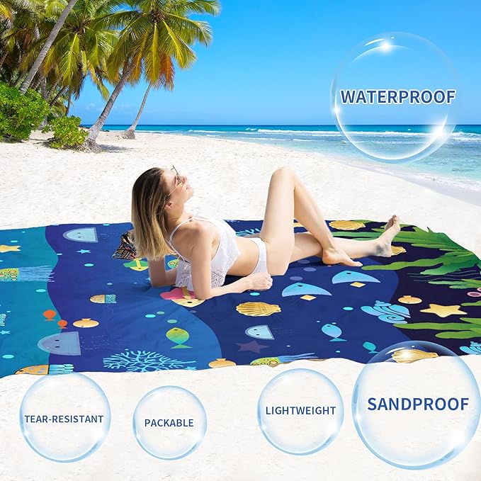 BYDOLL Beach Blanket Sandproof Waterproof 78''×81''1-4 Adults Compact Lightweight Oversized Beach Blanket Large Picnic Mat Beach Blanket for Travel Camping Hiking Picnic
