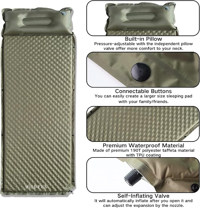 WILD FUN Sleeping Pad for Camping Self Inflating 1.5" Thick Foam Camping Sleeping Pad with Pillow Air Mattress Camping,Backpacking,Hiking