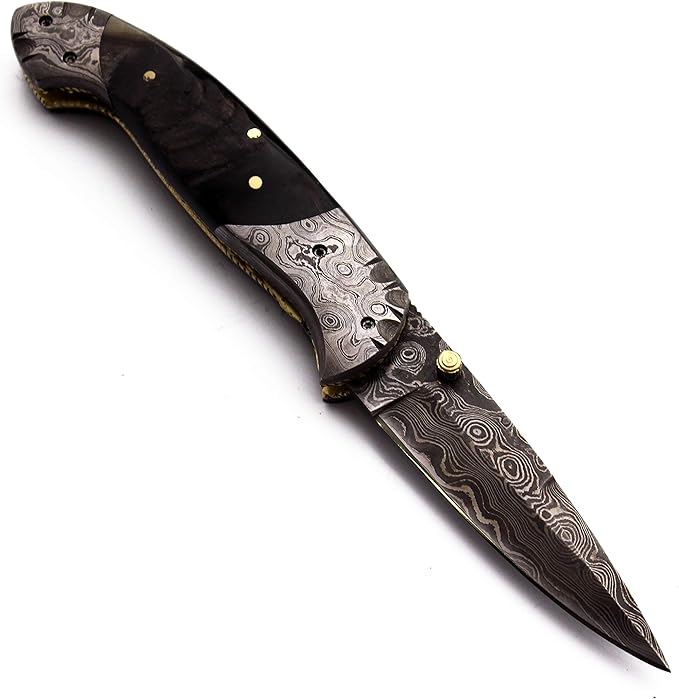 Handmade Damascus Folding Pocket Bowie Knife For EDC,Hunting,Survival,CampingBushcrfat,Skinning and Fishing with Full Tang Micarta and Cowhide-Leather Sheath For-Men and Women-(DCF97 - Fireball)