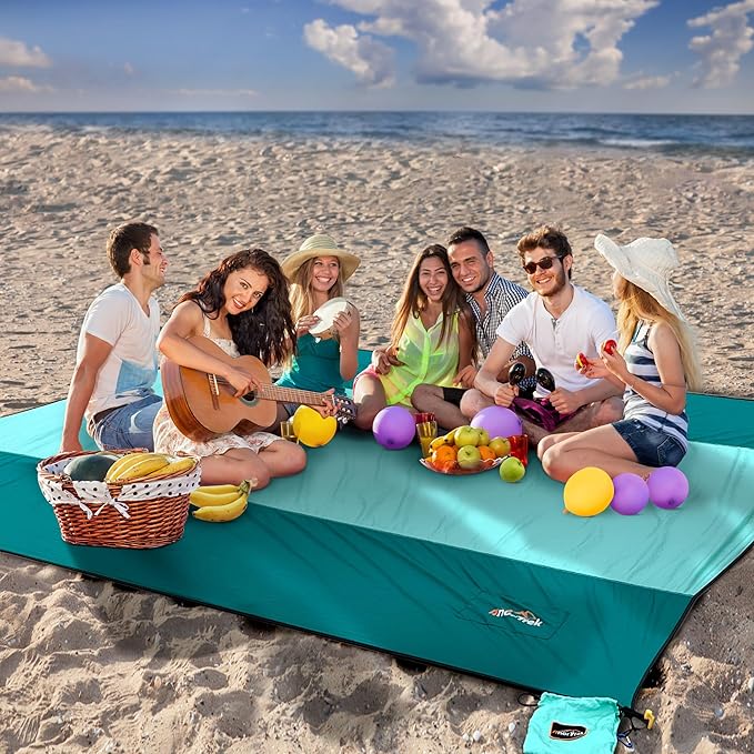 Beach Blanket Sandproof, Extra Large Beach Mat, Sand Free Mat Quick Drying, Lightweight, Soft & Durable Mat for Beach, Yard (Dark Green & Mint Green, 6.6 x 6.6 FT (1～4 Person))