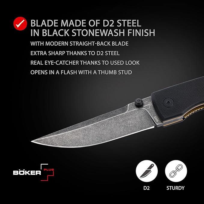 BÖKER PLUS® Poke Knife - Folding knife with D2 steel blade - Pocket knife with thumb pin - knife with linerlock - EDC knife with G10 handle scales black - Folding knife with case & gift box