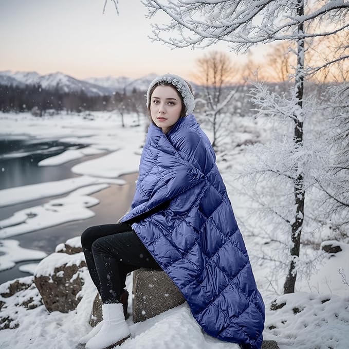 Blue Ridge Home Fashions Outdoor Down Throw Blanket for Camping Hiking - Packable Lightweight and Durable Blanket 60" x 70" with Carrying Pouch, 650 Fill Power Puffy Travel Picnic Beach Blanket