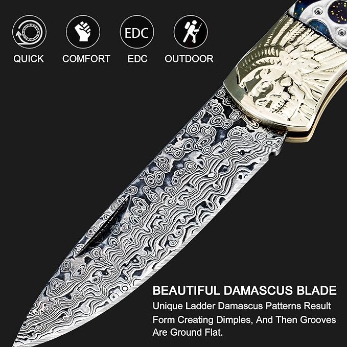 Damascus Pocket Knife Folding Knife, Tactical Camping Survival Knife, 3.2 inch Dream Gear, Best Pocket Kinfe for Camping Survival Fishing Hunting