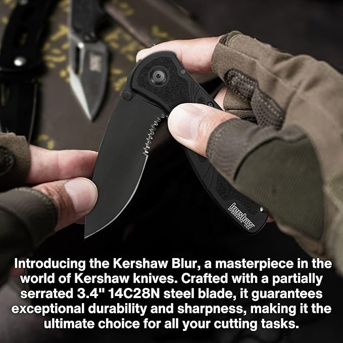 Worldwide Nutrition Bundle: Kershaw Blur Black Serrated Folding Knife - 3.4” 14C28N Steel Blade, Reversible Pocket Clip, EDC - All-Black Body with Trac-Tec Grip - 3.9OZ Pocket Knife for Men