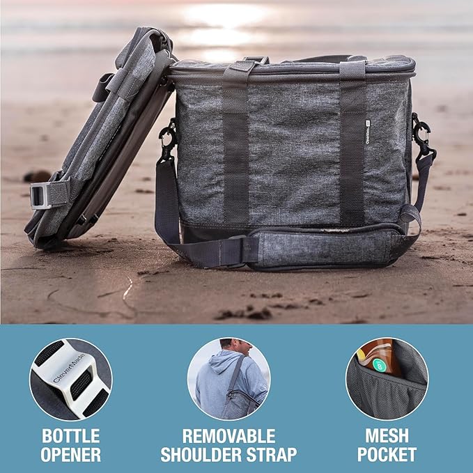CleverMade Collapsible Cooler Bag, 30 Can Beach & Travel Car Cooler, Folding, Shoulder Strap, Bottle Opener, Great Car Coolers for Travel, Cleans Easy, Leak Proof Bag [Heather Cool Gray/Shadow Gray]