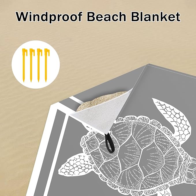 Waterproof Sand Free Beach Mat, 78”x 86” Large Sandproof Beach Blanket w/ 4 Stakes & Pockets, Easy to Clean Quick Drying Big Compact Beach Accessories for Outdoor, Picnic, Camping - Gray Sea Turtle