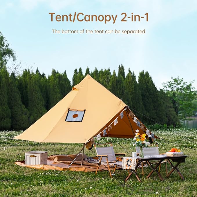 Cotton Canvas Bell Tent with Stove Jack, Roomy Yurt for Family Glamping Camping, 4 Season Tent with Zipped Removable Floor