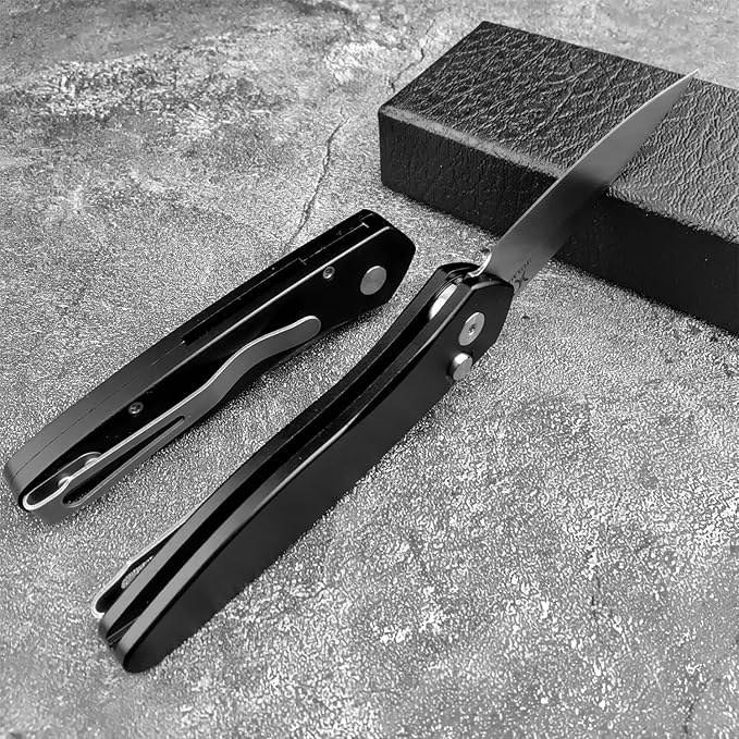 HUAAO 6.89 Inch Outdoor Folding Knife, D2 Clip Point Blade Black T6-6061 Aviation Aluminum Handle With Pocket Clip, Hunting Survival Everyday Carry Knives
