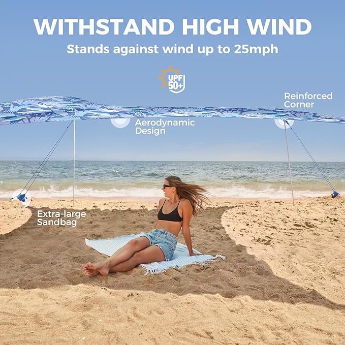 WEKAPO Beach Tent Sun Shelter - Easy Setup Beach Canopy with 4 Sturdy Poles, Large Sandbags and Shovel, 7'1'' Tall, Windproof Sun Shade for Backyard and Camping, UPF 50+ Protection