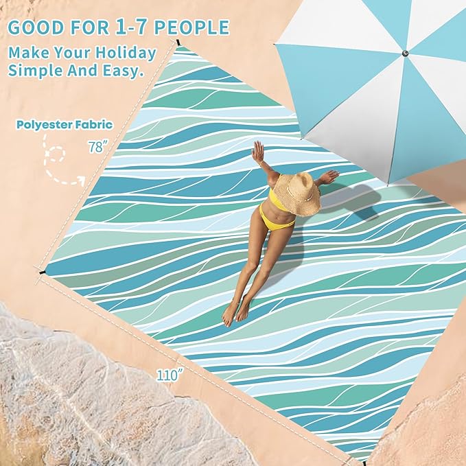 BYDOLL Beach Blanket Sandproof Waterproof 78''×110''1-7 Adults Compact Lightweight Oversized Beach Blanket Large Picnic Mat Beach Blanket for Travel Camping Hiking Picnic