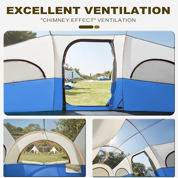 8 Person Tent for Camping, Waterproof Windproof Family Tent with Rainfly, Divided Curtain Design for Privacy Space, Portable with Carry Bag