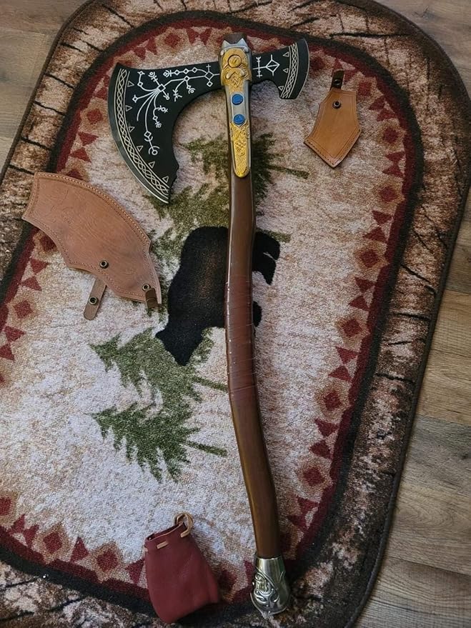 Handmade Kratos Axe, Leviathan Axe, God of War, Viking Axe, Cosplay Axe, Cosplay Armor with Leather Sheath Camping Bearded Axes & Hatchets Hunting Fantsy Axe Valentine's Day Gift (VK-Ax-9)