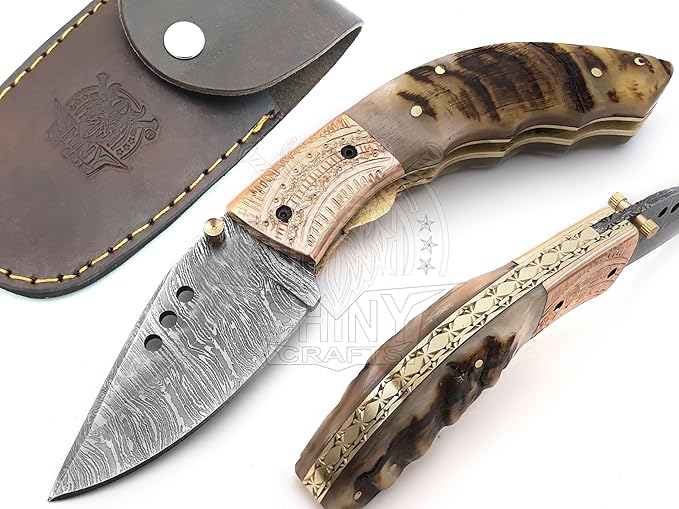 SHINY CRAFTS -Damascus Folding Knife Pocket Knives Hunting Knife Tactical Knife – Utility Pocket Knife - Everyday Carry - PlainEdge - Leather Sheath (FK 21)